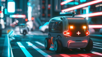 Small Car Driving Down City Street at Night
