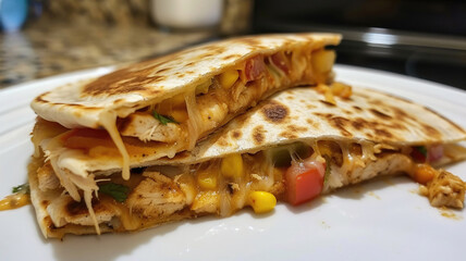 chicken quesadilla close-up on kitchen table