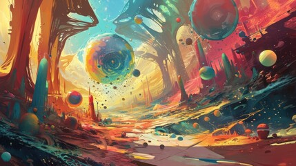 Abstract background of a colorful, surreal landscape. To the left are many floating spheres of different sizes and colors, as well as a tall, skinny structure. - obrazy, fototapety, plakaty