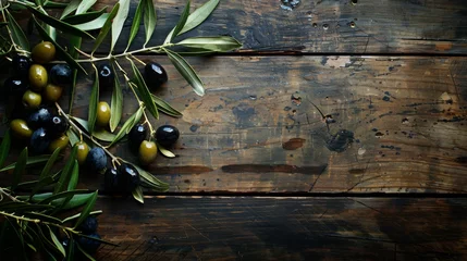 Foto op Canvas Olive fruit laying on wooden table background © PrettyVectors