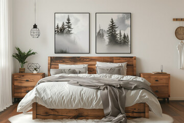 Elegant Rustic Bedroom with Pine Forest Art. Modern rustic bedroom with pine forest wall art and warm wood tones.