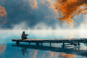 A man sits on a dock fishing in a lake