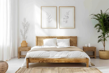 Bright Minimalist Bedroom with Botanical Prints. Airy bedroom with natural wood bed, botanical artwork, and lush greenery.
