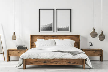 Fototapeta na wymiar An elegantly simple bedroom boasting a sturdy wood bed frame and crisp white bedding. Monochrome mountain landscapes hang above, while woven pendant lights add a bohemian touch