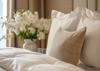 Fototapeta na wymiar Luxurious Bedding Close-up with Fresh Flowers. Close-up of crisp white bed linen and textured beige pillows with a bouquet of white flowers in soft focus