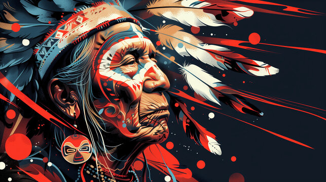 Artistic portrayal of Indigenous person with vibrant headdress and face paint. Pride, Empowerment and Cultural Significance.