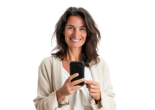 Caucasian Woman with Phone Smiling at Viewer