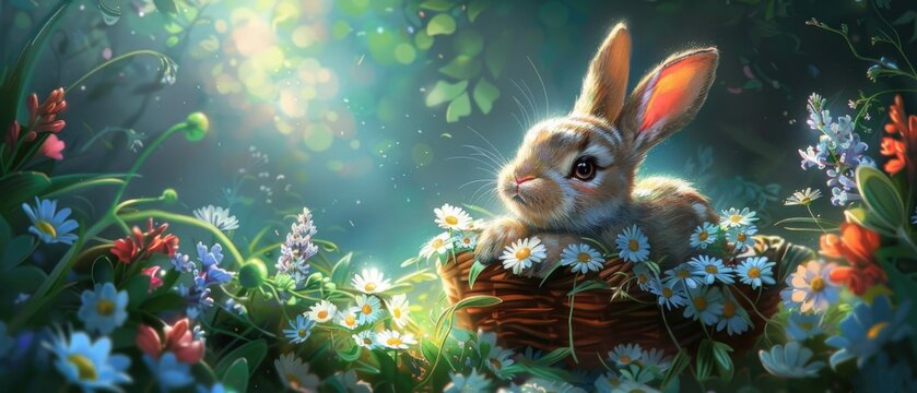 A rabbit in a basket with spring flowers against the backdrop of a beautiful landscape. Easter card with place for text.