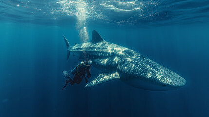 Naklejka premium Oceanic Symphony: Beneath the waves, a scuba diver and a majestic shark coexist in perfect harmony, their presence adding depth and dimension to the underwater symphony. Together,
