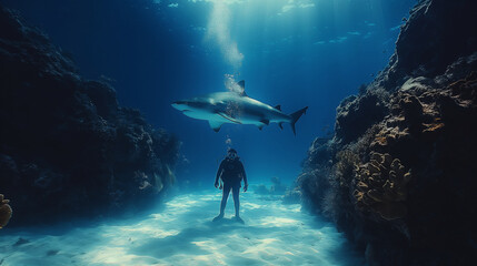 Intimate Connection: Amidst the silent depths of the ocean, a scuba diver shares a moment of profound connection with a curious shark. Through silent communication and mutual respe - obrazy, fototapety, plakaty
