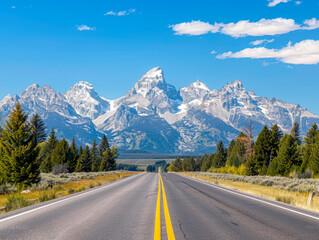 USA, Wyoming, Grand Teton National Park, Teton Range, Cathedral Group, Teewinot Mountain, Grand Teton and Mount Owen with road