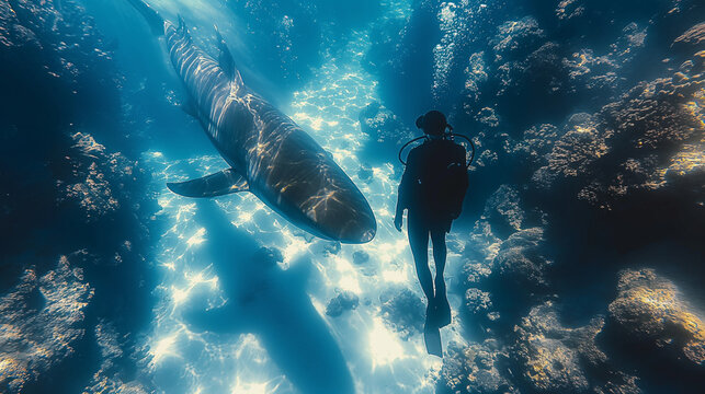 Oceanic Elegance: In a ballet of movement and grace, a scuba diver and a majestic shark navigate the ocean depths with effortless elegance. Against a backdrop of vibrant coral reef