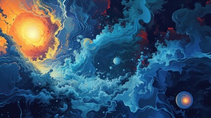 An abstract painting with swirling shapes and patterns, mostly in blue and orange tones. Several planets are visible in the composition, the largest of which resembles the sun. - obrazy, fototapety, plakaty