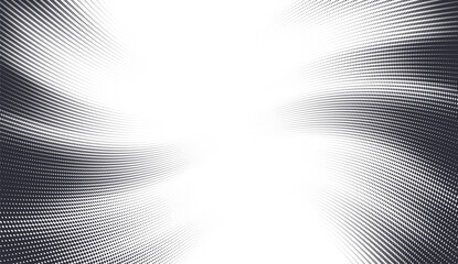 Abstract vector halftone background with wave pattern fading in the center. Futuristic swirling dotted ray backdrop.