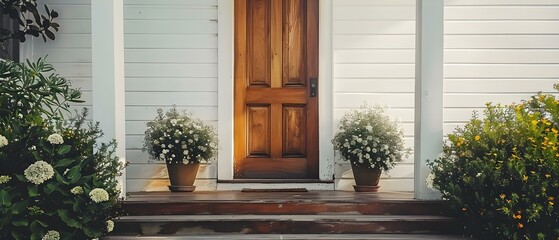 Inviting Minimalist Entry with Symmetrical Porch Plants. Concept Minimalist Decor, Symmetrical Design, Porch Plants, Entryway Style