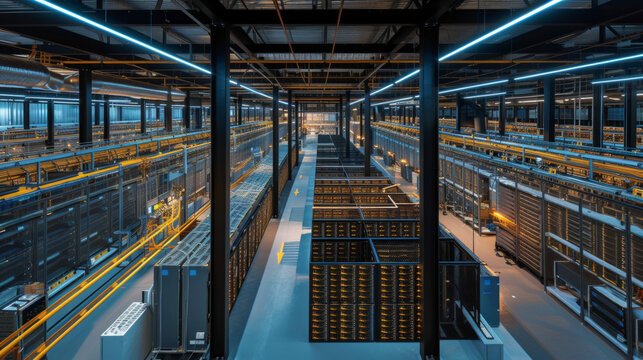 A sophisticated dana center with rows of servers, cooling systems, and high-speed network connections, currently dormant but ready to process and store massive amounts of dana