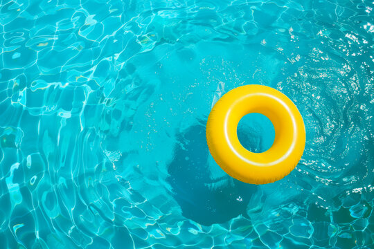 Yellow pool float, ring floating in a refreshing blue swimming pool.