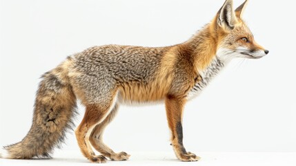 side view portrait of a Tibetan Sand Fox, full body from head to tail, hyperrealistic, white background