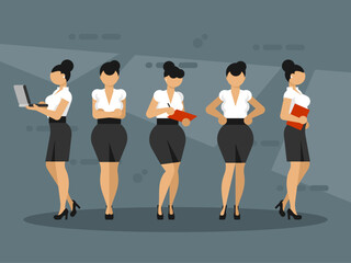 Fototapeta premium Women character in office clothes. Business ladies stand in different poses. Vector graphics