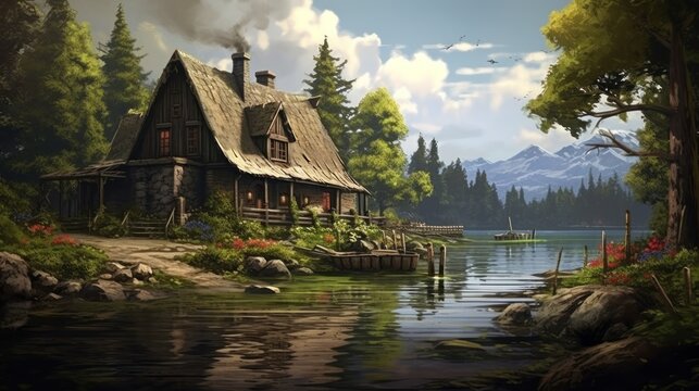 Log cabin by a lake surrounded by trees and mountains.