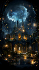 Mystical gothic temple in the night. Fantasy illustration