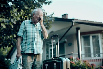 grandfather stands in front of his house with a suitcase beside him, his face filled with sadness as he wipes tears from his misty eyes