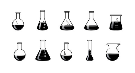  realistic vector lab beaker and flask icons set. lab equipment icons collection. can be used for chemistry, medical or biology research, analysis, pharmacy, app, logo, web, ui and university purpose