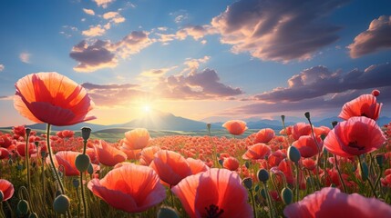 A field of red poppies at sunset with a blue sky and fluffy clouds.
