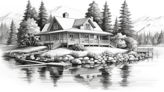 A pencil drawing of a large house on a lake, surrounded by trees and mountains. The house has a large front porch and a dock in front. The lake is calm and still, reflecting the house and trees.
