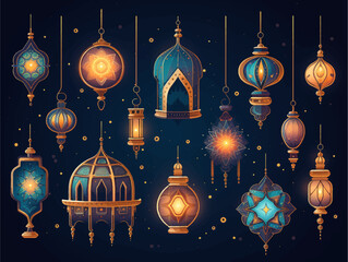 Ramadan Kareem Border, Islamic art Style Background. Symbols of Ramadan Mubarak, Hanging Gold Lanterns, arabic lamps, lanterns moon, star vector and illustration - obrazy, fototapety, plakaty