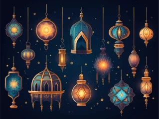 Foto op Plexiglas Ramadan Kareem Border, Islamic art Style Background. Symbols of Ramadan Mubarak, Hanging Gold Lanterns, arabic lamps, lanterns moon, star vector and illustration © Pickoloh