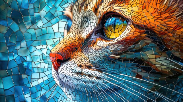 Mosaic of a cat's face with blue and orange shades. The cat has green eyes and looks to the right. The background is a gradient of blue and orange.