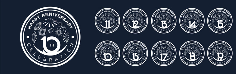 set of 10 to 19th anniversary logotype design, with white color fireworks for celebration event, wedding, and birthday, vector illustration