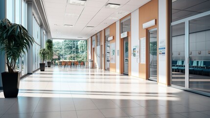 luxury hotel interior hall corridor with bright light blue walls with ornamental plants .luxury hotel concept