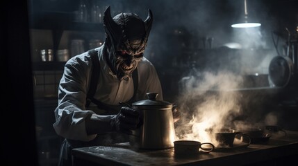 A horned demon cooks in a dark kitchen, using a large steaming pan. The image has a smoky atmosphere.