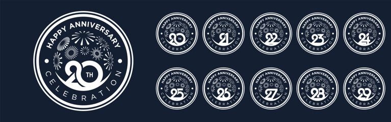 set of 20 to 29th anniversary logotype design, with white color fireworks for celebration event, wedding, and birthday, vector illustration