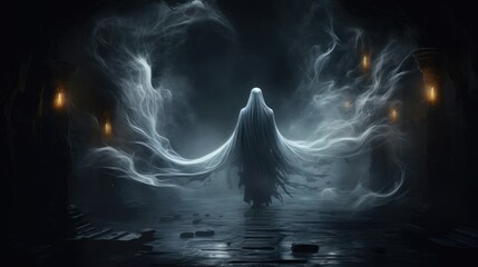 A cloaked figure in a dark room, with smoke and torches illuminating the space.