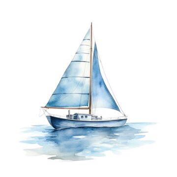Sea watercolor depicting a blue sailboat against a background of blue sky and sea surface.