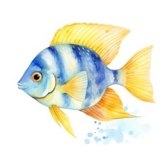 Watercolor sea fish with blue stripes and yellow fins on a white background.