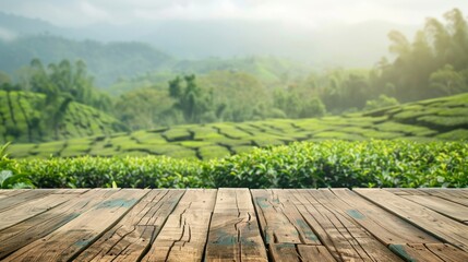 Tea garden green plantation with wooden table shelf background concept