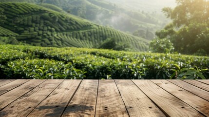 Naklejka premium Tea garden green plantation with wooden table shelf background concept