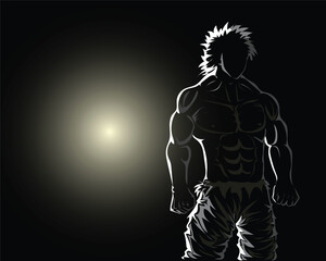 Fototapeta premium black and white silhouette vector design showing a person with an empty, muscular and athletic body standing straight with his back to a light from behind him