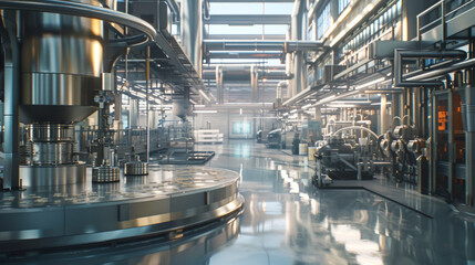 Fototapeta premium A modern pharmaceutical manufacturing plant with tablet presses, coating machines, and packaging lines, momentarily still but prepared to produce crucial medications