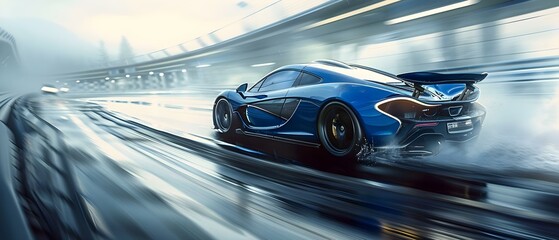 Velocity Essence: Blue Racer on Dynamic Highway. Concept Automotive Design, Velocity Concepts, Dynamic Speedways, Blue Color Palettes, Cutting-Edge Technology - obrazy, fototapety, plakaty