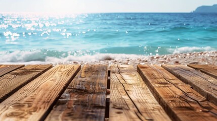Sea shore beach summer vacation with wooden table shelf background concept