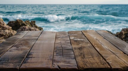 Fototapeta premium Sea shore beach summer vacation with wooden table shelf background concept