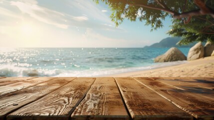 Fototapeta premium Sea shore beach summer vacation with wooden table shelf background concept