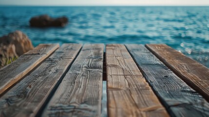 Fototapeta premium Sea shore beach summer vacation with wooden table shelf background concept