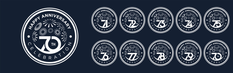 set of 70 to 79th anniversary logotype design, with white color fireworks for celebration event, wedding, and birthday, vector illustration