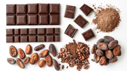 Chocolate ingredients, cocoa pods, cocoa beans, chocolate mass, cocoa powder, chocolate bars.